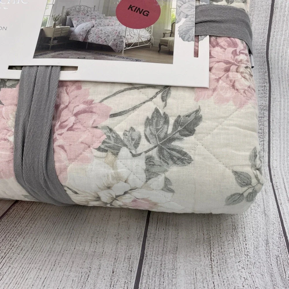 Shabby Chic Linen Cotton Quilt KING Pink Rose Floral Cream Bedding Romantic